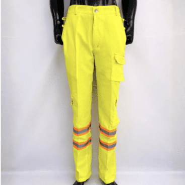High-visibility safety trousers with reflective strips for industrial workwear