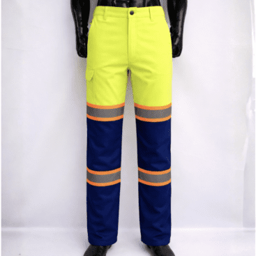 High-visibility safety trousers with reflective strips for industrial workwear