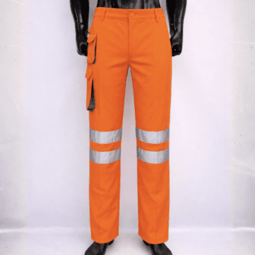 High-visibility safety trousers with reflective strips for industrial workwear