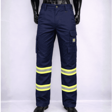 High-visibility safety trousers with reflective strips for industrial workwear