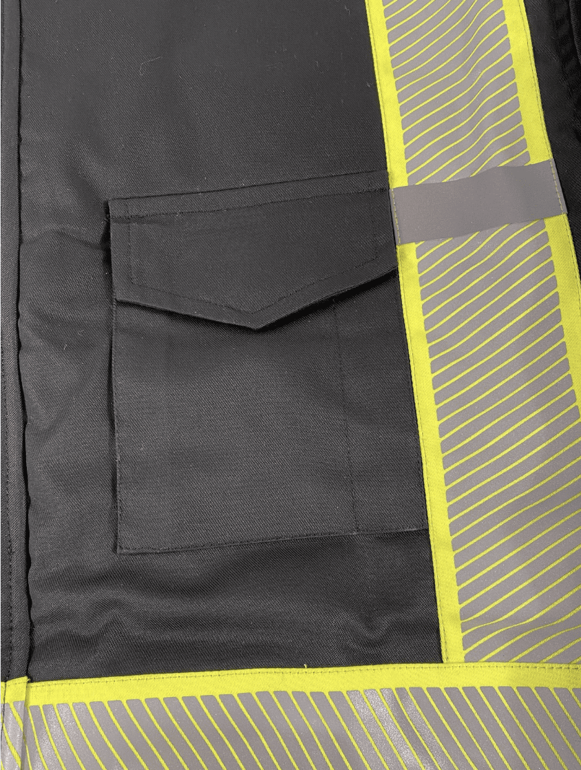 Close-up of functional pockets on industrial workwear
