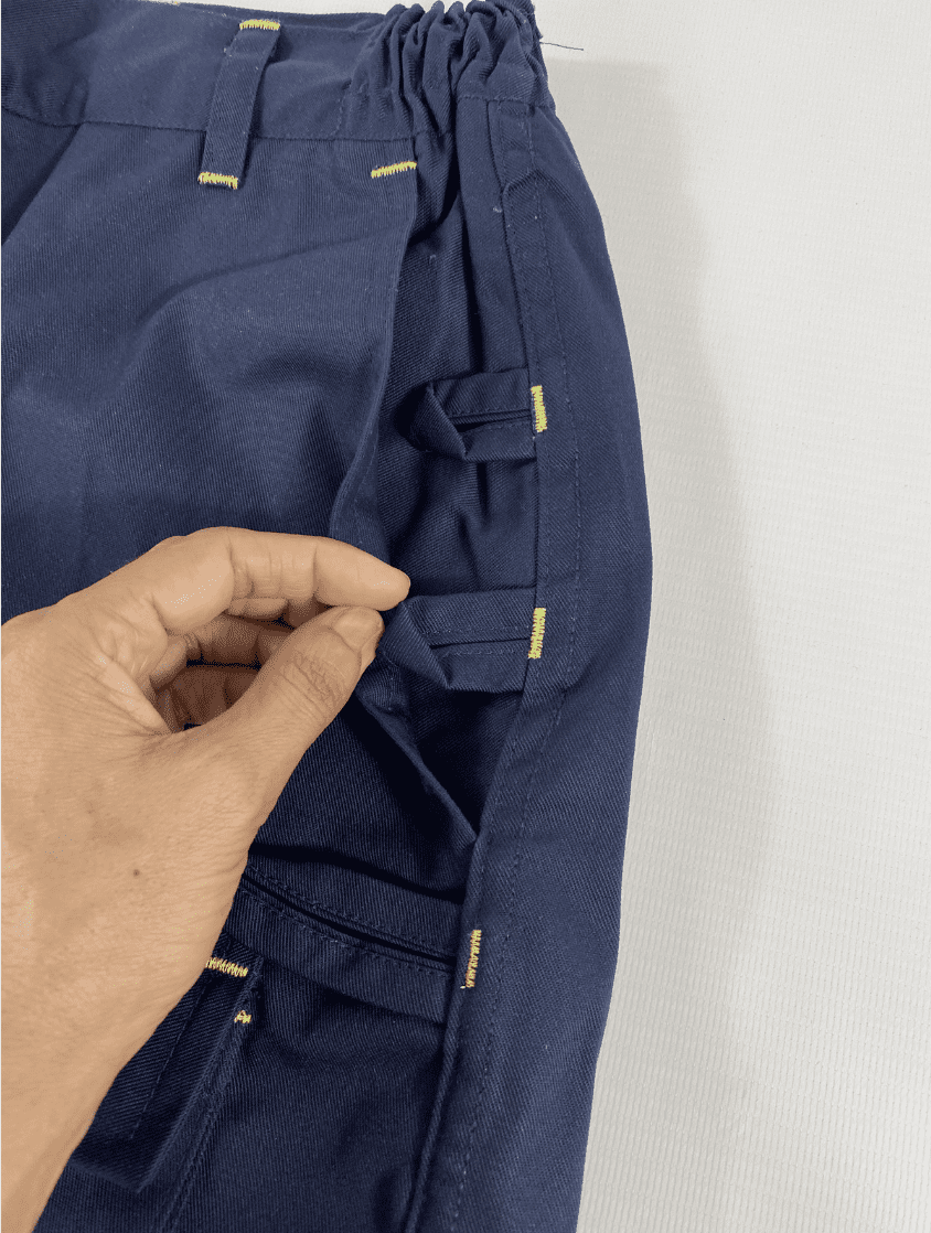 Close-up of tool loops on workwear for carrying equipment